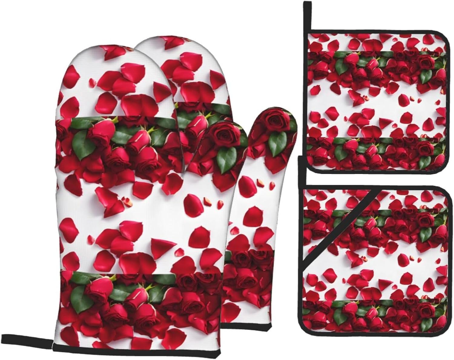 (Red Rose Petals) Baking 4-Piece Set: 2 Oven Mitts and 2 Pot Holders Heat Resistant Waterproof Hanging Loop for Kitchen Oven Grill Housewarming Gifts