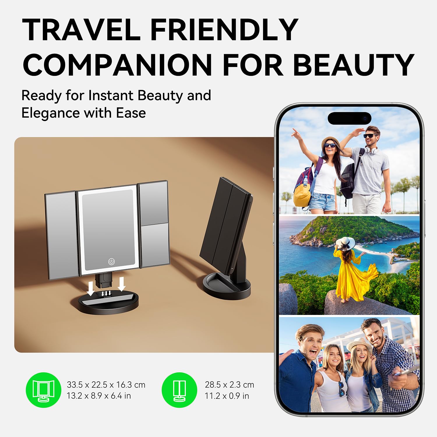 Miroir De Maquillage Lumineux Auxmir Avec 60 LED - Triple Grossissement 7x/5x/1x - Écran Tactile - Alimentation USB/Piles