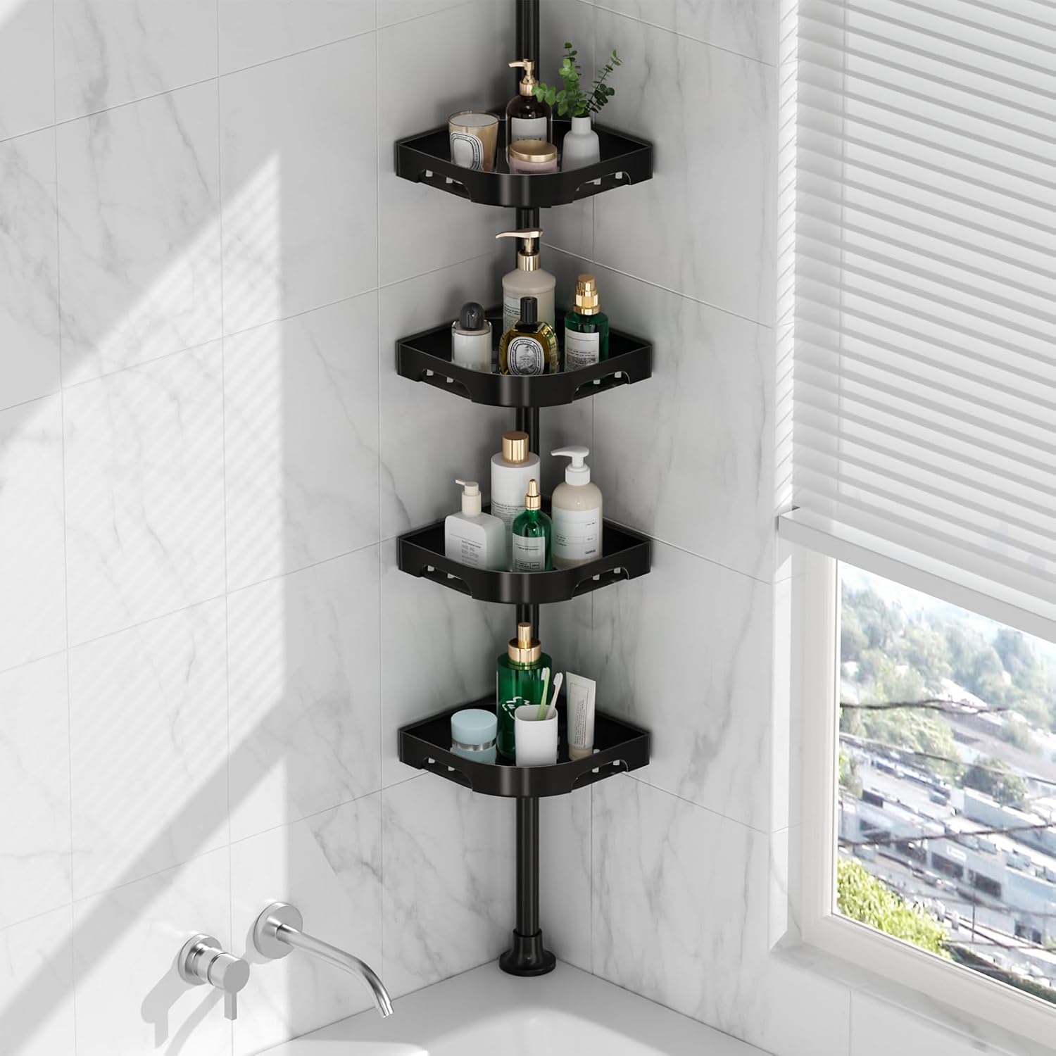Shower Caddy Tension Pole Organizer, 4-Tier Adjustable Rotating Storage Rack, Rustproof No Drill Bathroom Corner Shelf Organizer for Shower and Bathtub 34" to 124", Black