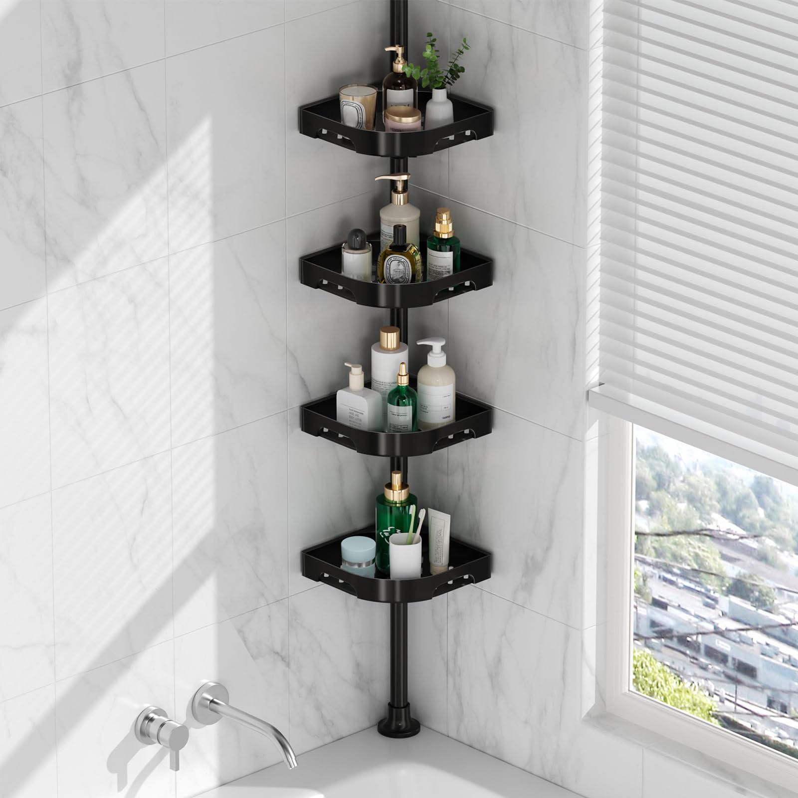 Weidace 4-Tier Shower Caddy Tension Pole Adjustable Corner Shower Organizer for Bathroom Tool-Free Installation Rustproof Storage Rack Strong