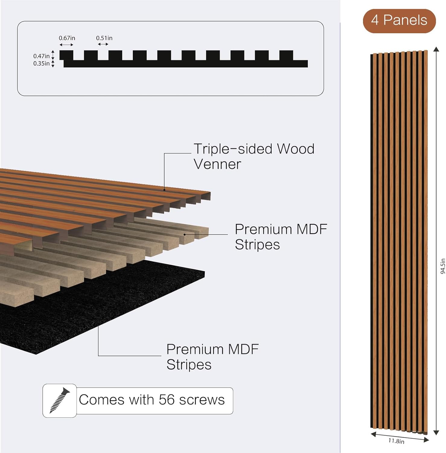Soundproof 3D Slat Wall Panels 4-PACK 94.5"x11.8" MDF Acoustic Panels with Realistic Wood Grain for Noise Reducing Decor(WALNUT)