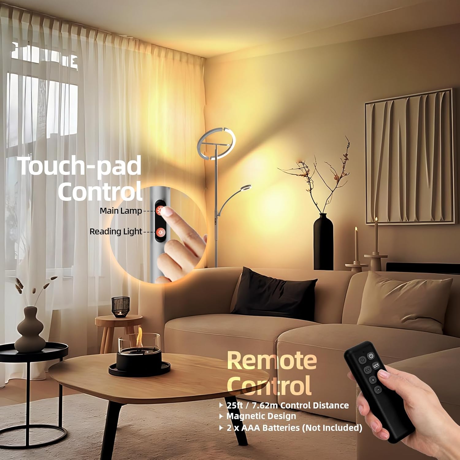 FIMEI Floor Lamp showing both touch control panel on the lamp pole and the remote control.