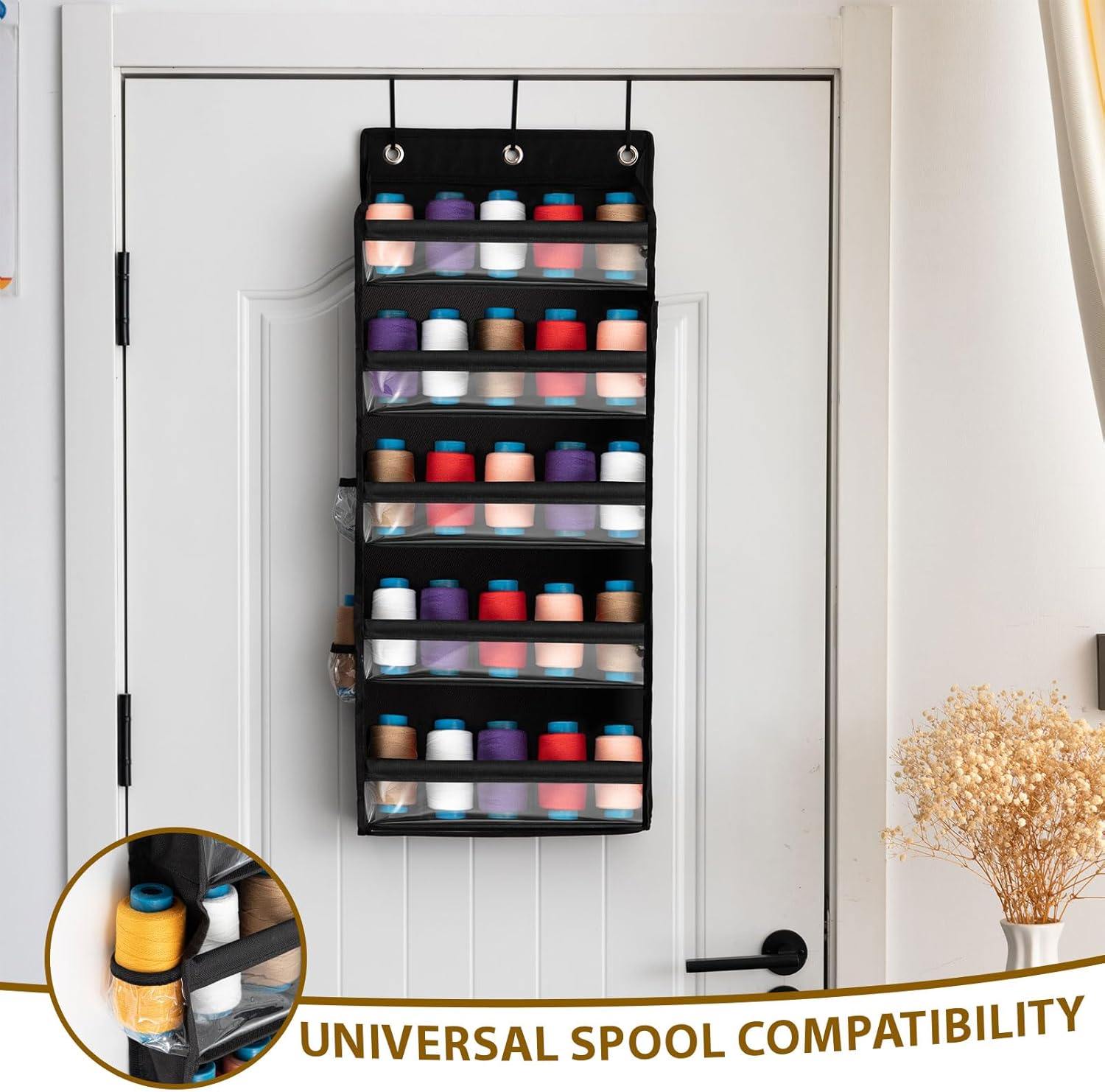 Tegeme 5-Tier Hanging Thread Holder Organizer with PVC Window & Side Pockets 31 x 13 x 3.5 Inch Thread Rack Over the Door Yarn Storage for Embroidery Spool Sewing Quilting Knitting Crochet(Black)