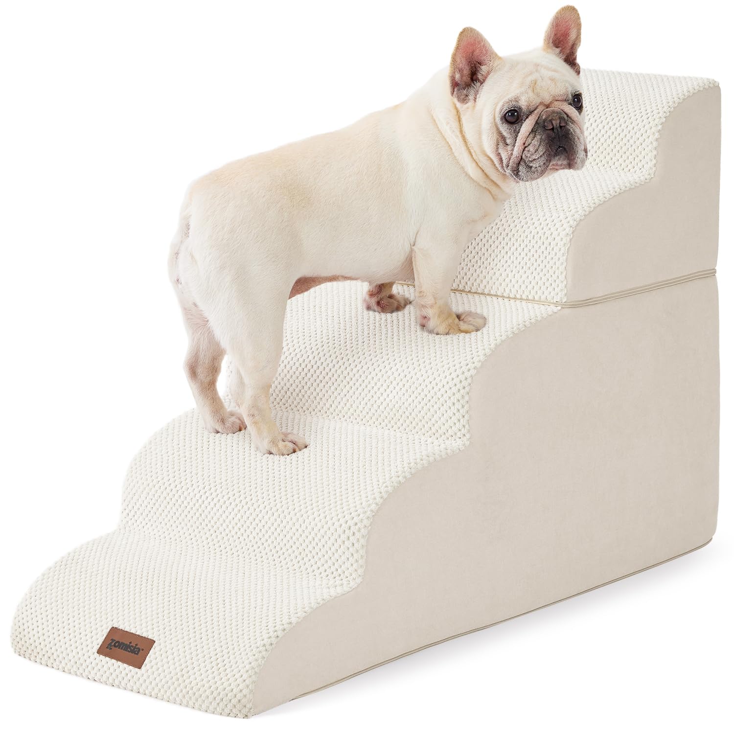 ZOMISIA Dog Stairs for High Beds - Pet Stairs Ramp for Couch, 35D Foam Dog Steps for Small to Large Pets, with Non-Slip Bottom Beige, 5 Steps