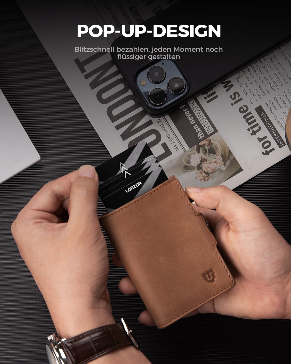 LORZOR® Slim Wallet mit Münzfach, Geldbörse Herren echtem Leder, RFID Blocker Portemonnaie, Portmonee Herren Kartenetui mit Münzfach, Geldbeutel für 10 Karten, Smart Wallet
