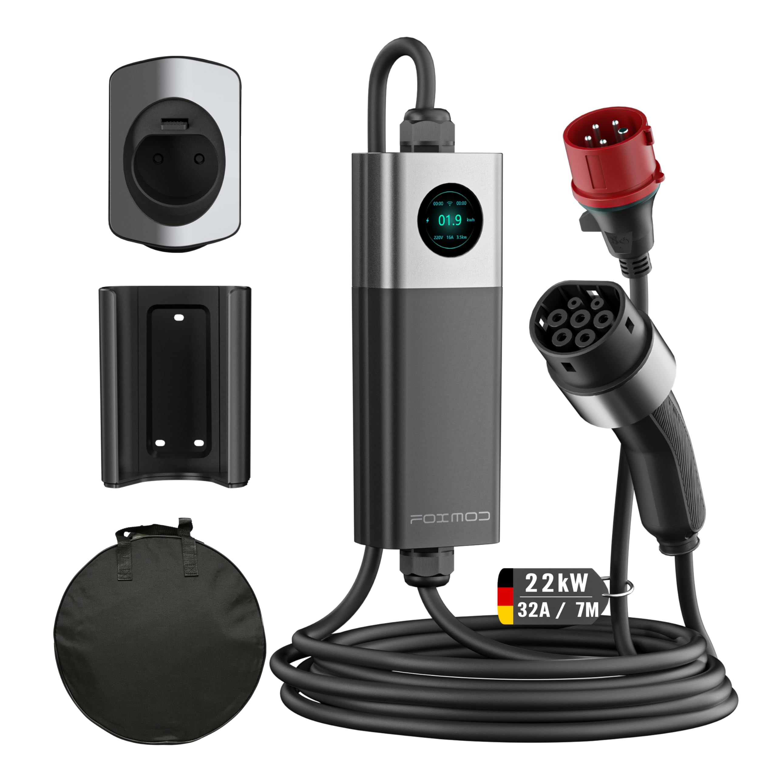 Mobile Wallbox 22kW, Tragbares Elektroauto Ladegerät Typ 2 (6A-32A Einstellbar), 7m Ladekabel, CEE Stecker, IP66 Wasserdicht, Plug & Play, für VW ID, Tesla, Hyundai, Renault