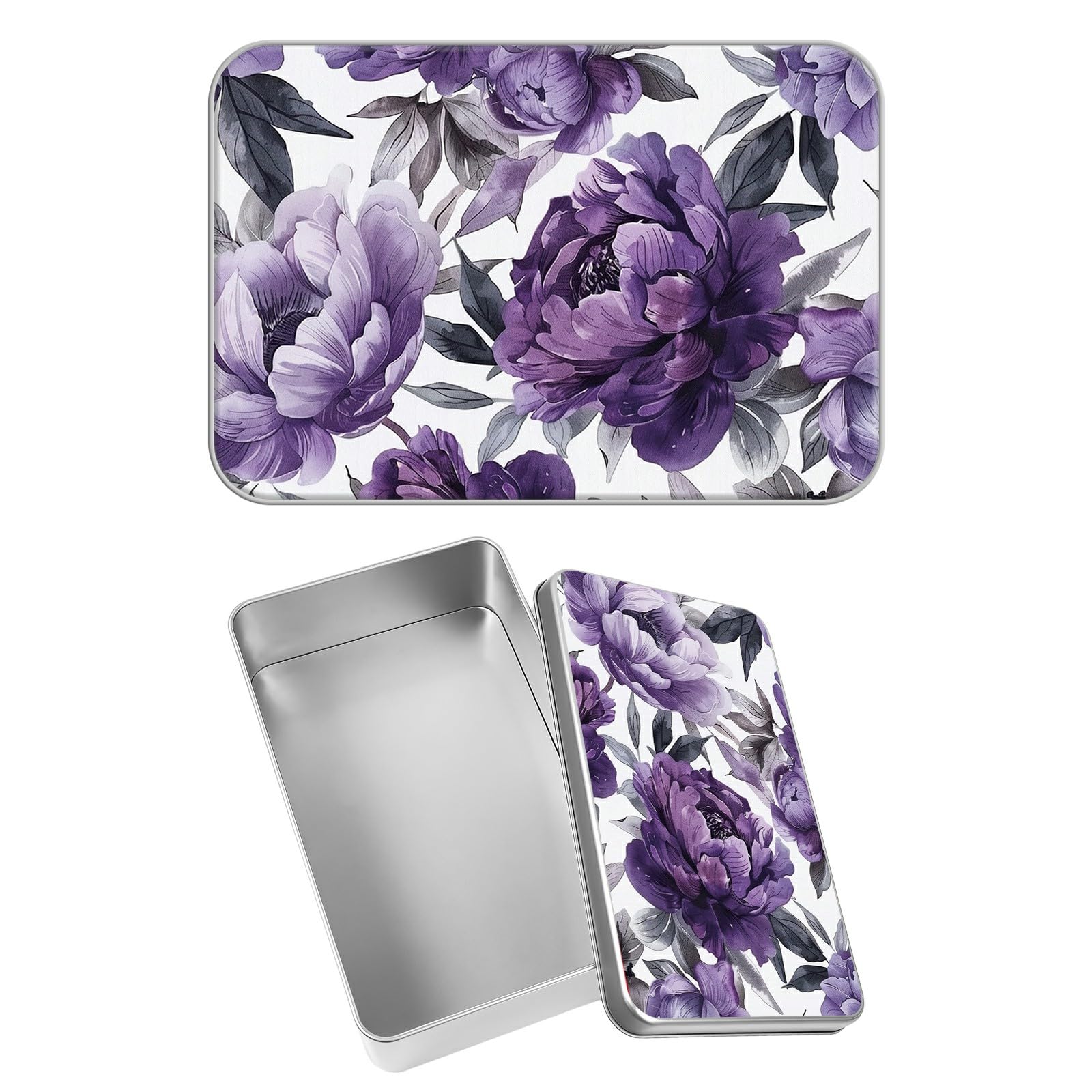 Rectangular Metal Tin Box with Removable Lid, Purple Peony Decorative Printed Metal Storage Container for Sweets Jewelry Tea Candies Cakes 7 x 4.33 x 2.17 inch– Single Pack