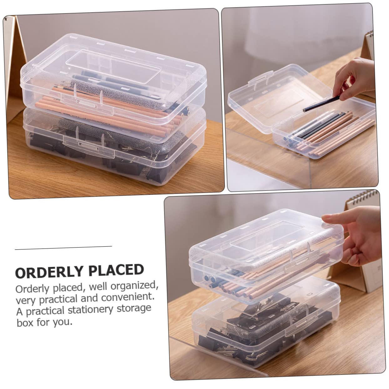 Set 6 Astucci Trasparenti in Plastica Impilabili Coperchio Rapido, Organizer per Cancelleria per Studenti e Insegnanti, Porta Penne e Matite per Scuola e Ufficio