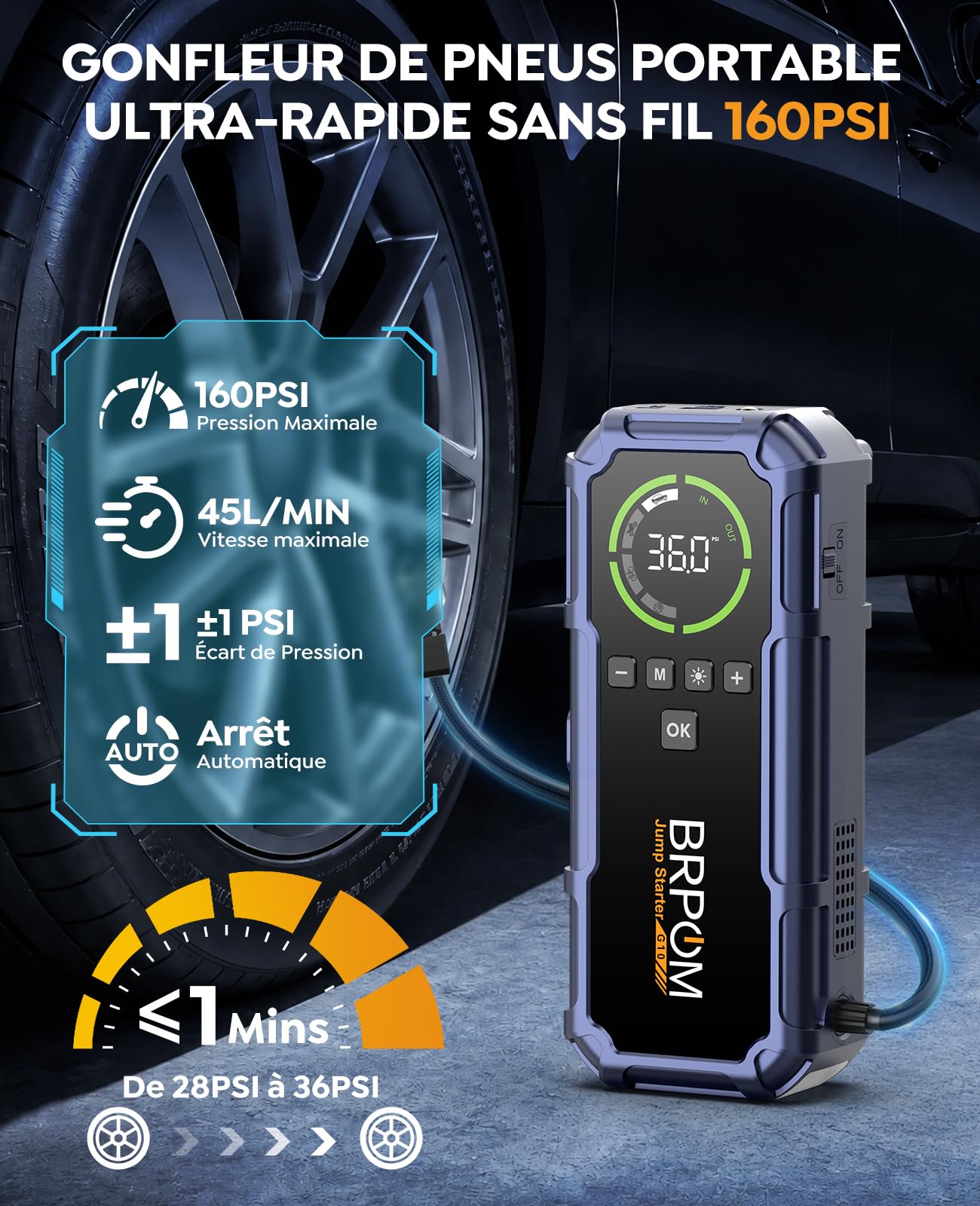 BRPOM Booster Batterie Voiture avec Compresseur 160 PSI, Démarreur Portable 12 V 9000A pour Moteurs Essence et Diesel Jusqu’à 10 L, Jump Starter, Gonfleur Pneus, Écran LCD, LED 600 LM