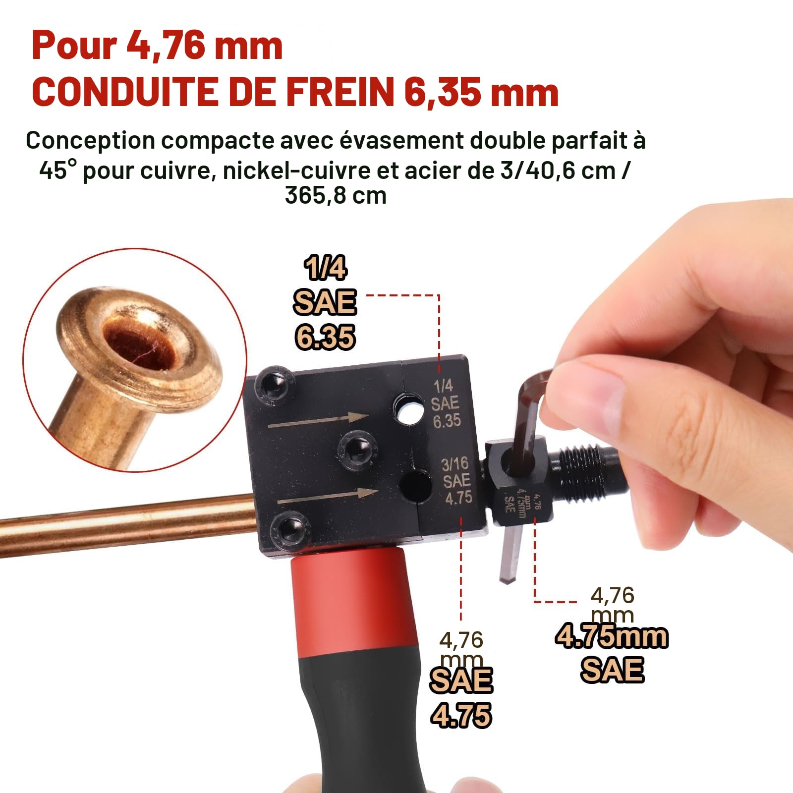 Kit d'évasement pour conduites de frein SAE - Kit d'évasement à double tête - Pour conduites de frein de voiture de 4,75 et 6,35 mm - Avec câble de frein de 7,62 m de diamètre et 4,75 mm et 16