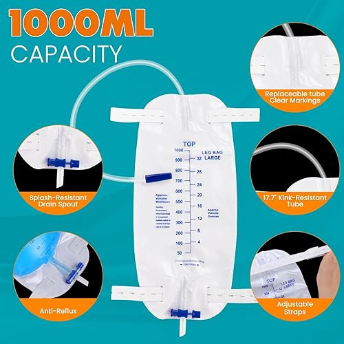 Miniatura 5 de Paquete de 4 bolsas de catéter de 33.8 fl oz con tubo de drenaje de 18 pulgadas, válvula antirreflujo, catéter de orina de pierna de gran capacidad