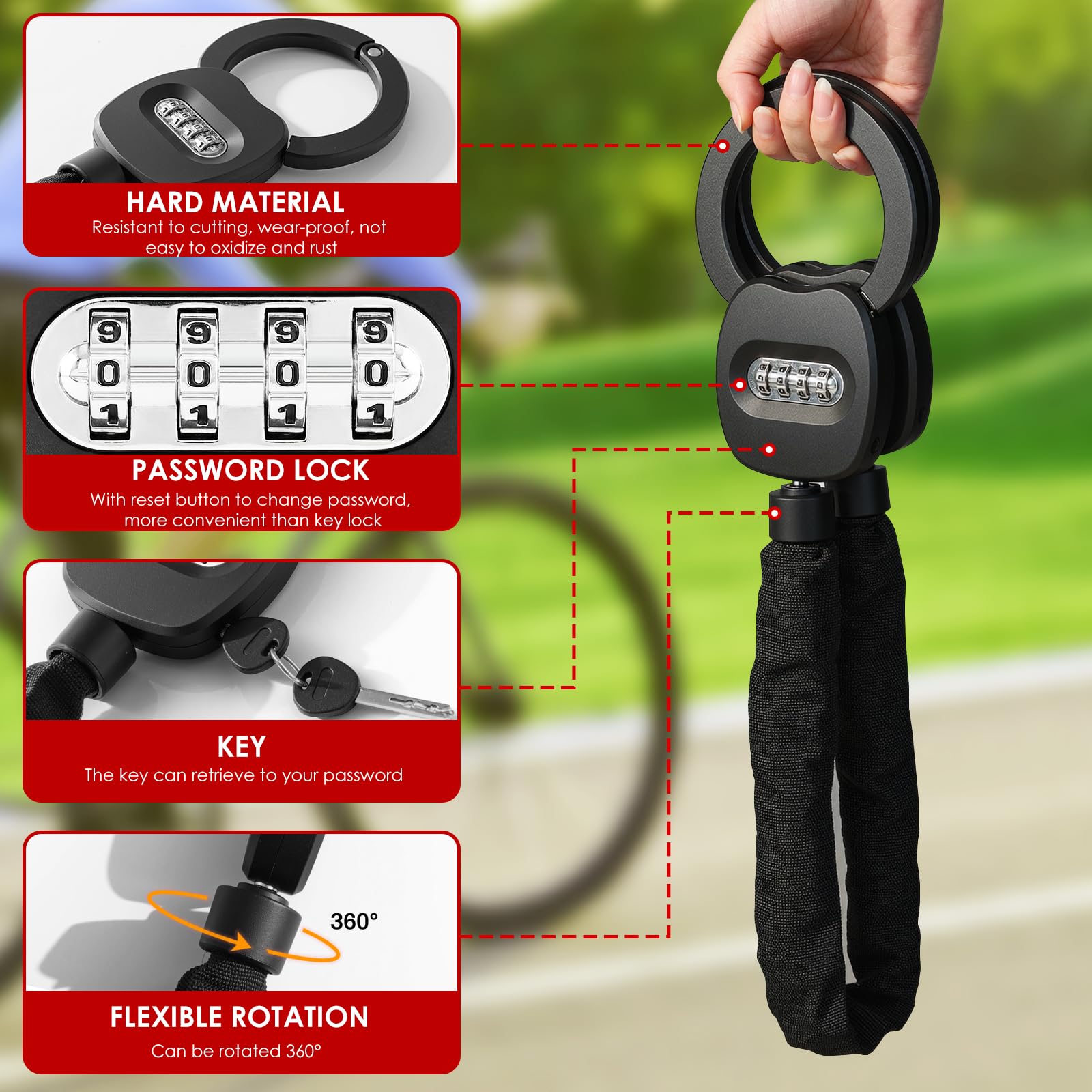 TLGREEN Candado Patinete Eléctrico, 4Dígitos, 93 cm Candado Bicicleta | 6mm Acero Cadena + 360° Rotación Diseño,2 Llaves de Reinicio de Contraseña,para Patinetes/Eléctricos/Bicicletas/Motos
