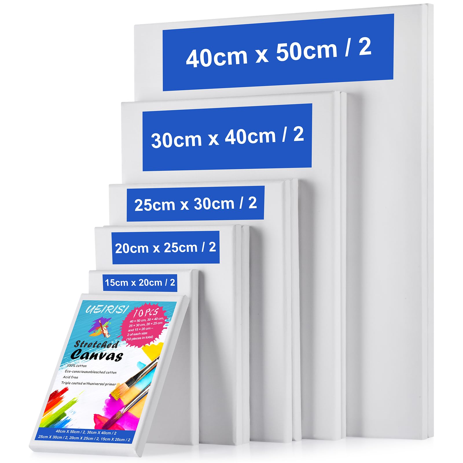 UEIRISI Stretched Canvas for Painting, 10 Pack Multi Sizes Canvas Set (15x20, 20x25, 25x30, 30x40, 40x50cm, 2 Each), 280GSM Acid Free Triple Primed Blank Canvas for Acrylic, Oil & Watercolour Painting