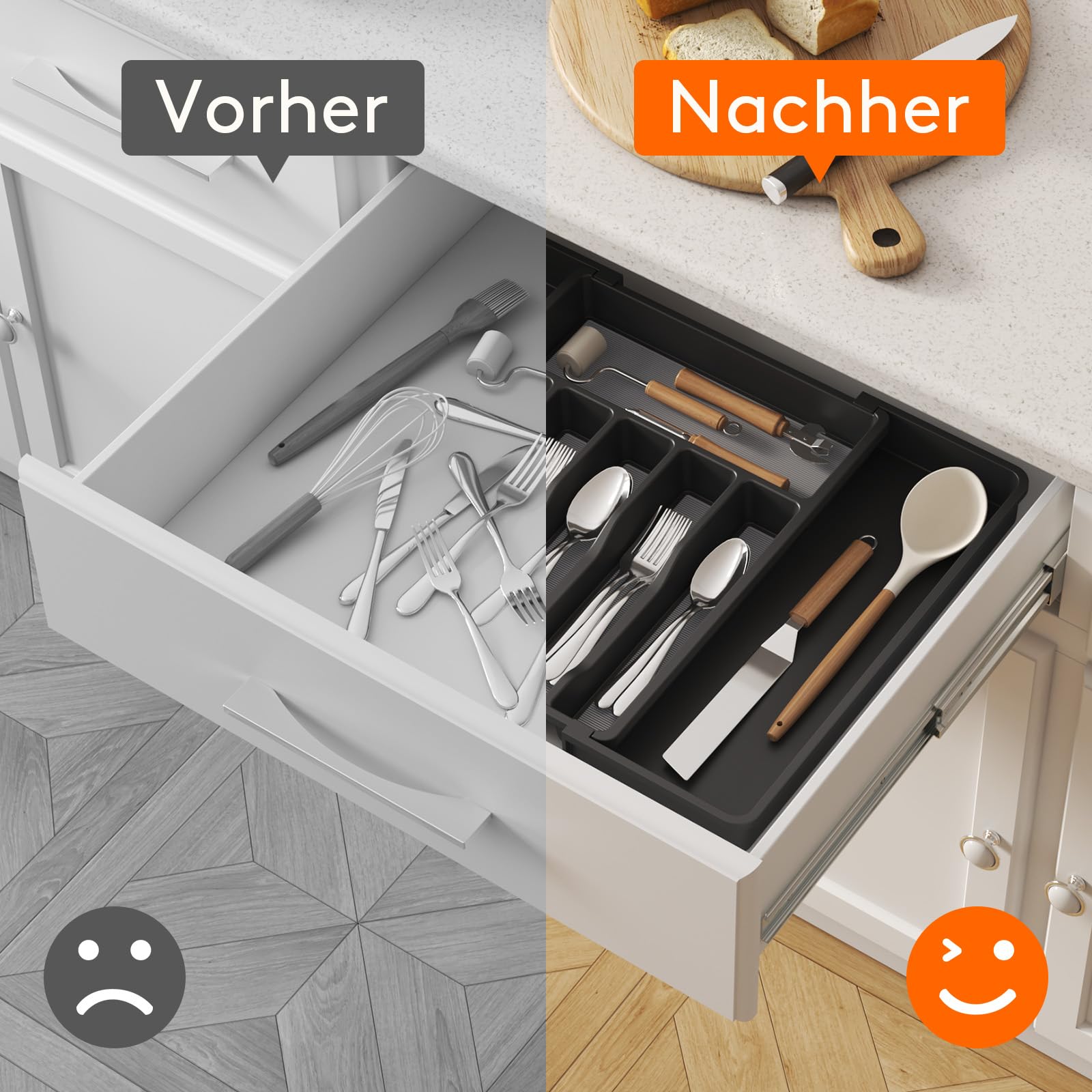 Lifewit Besteckkasten für Schubladen mit Rutschfestes TPR, verstellbarer Kunststoff Organizer Küche Tiefe 42,4 cm, erweiterbar bis 57 cm, Besteckeinsatz für Löffel/Messer, Schwarz & Grau