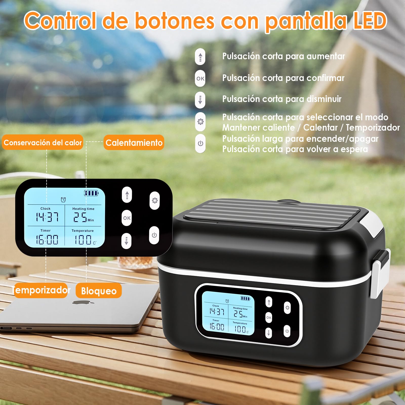 Dreamhigh 1,5 L Fiambrera Eléctrica Con Batería, Calentador De Comida Portátil 24000 mAh, Diseño Antifugas y Función de Calentamiento Programable Para Coche y Trabajo (negro)