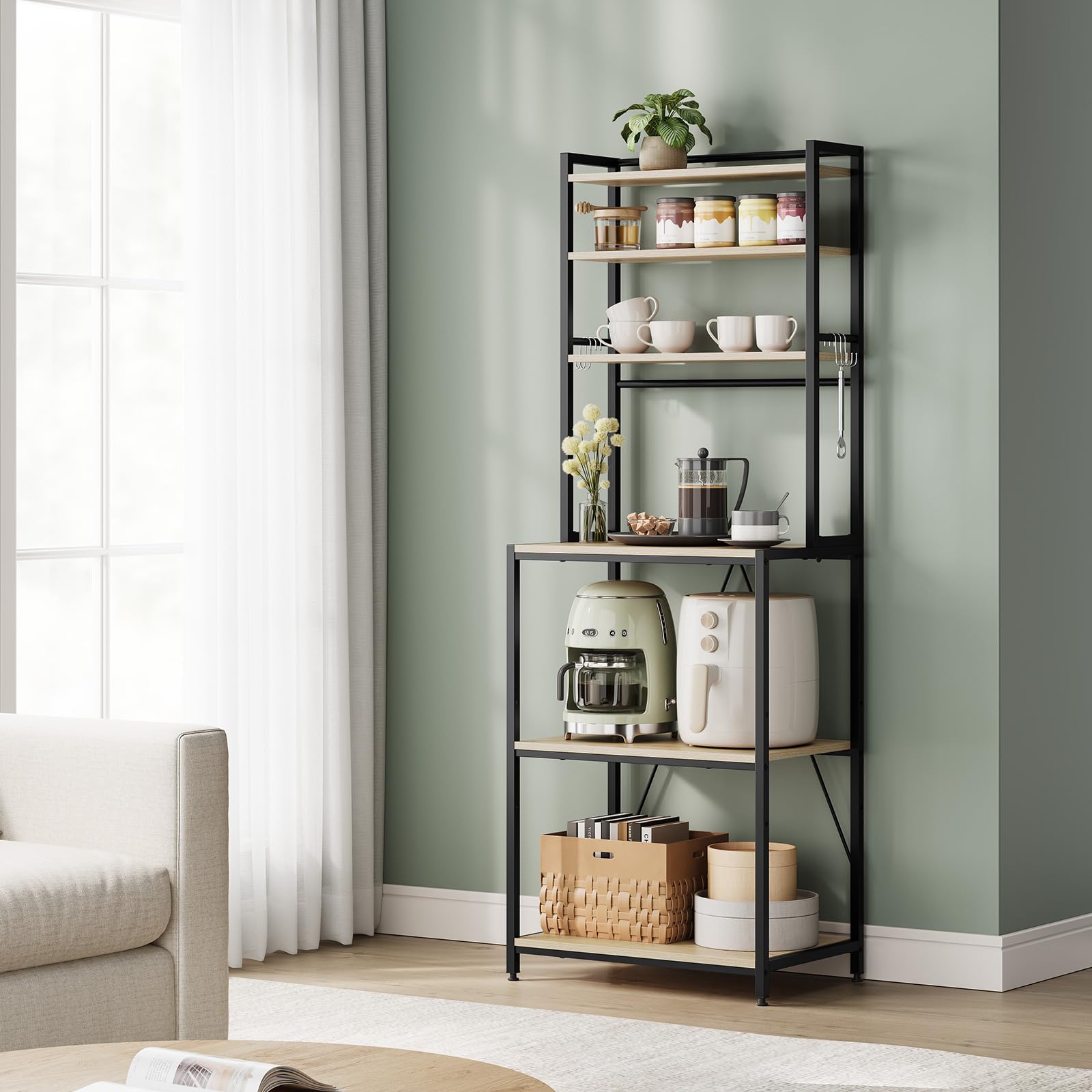WOLTU Scaffale da Cucina con 6 Ripiani, Scaffale per Microonde con 6 Ganci, Struttura in Metallo, Legno Ingegnerizzato, 60x40x167cm, Rovere Chiaro+Nero