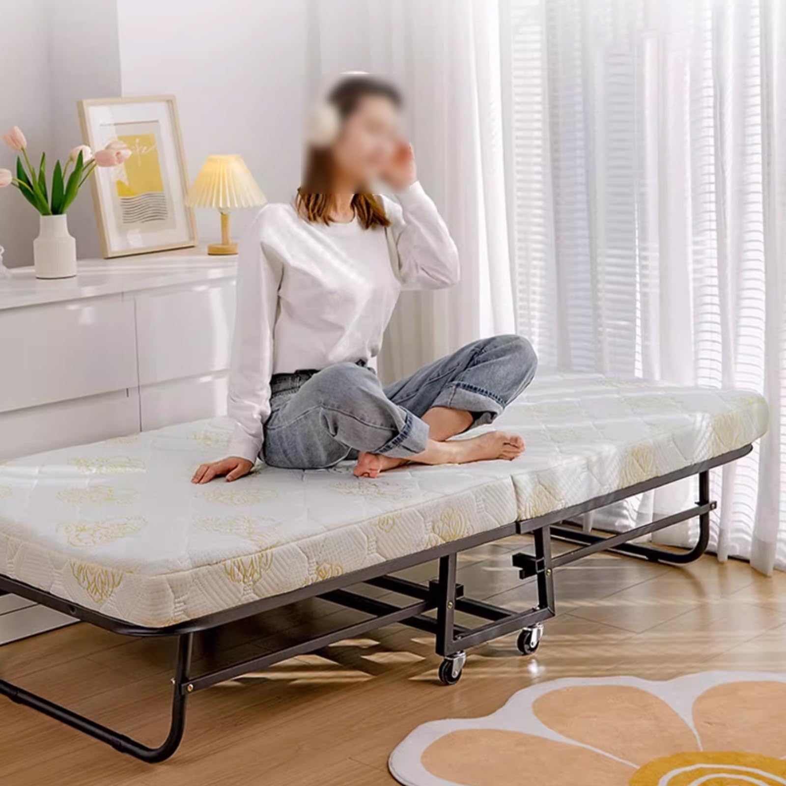 Brandina Pieghevole con Materasso da Campeggio Stabile Struttura con Telaio in Acciaio Letto Singolo Pieghevole con Ruote per Casa Ufficio(190x70x41cm)