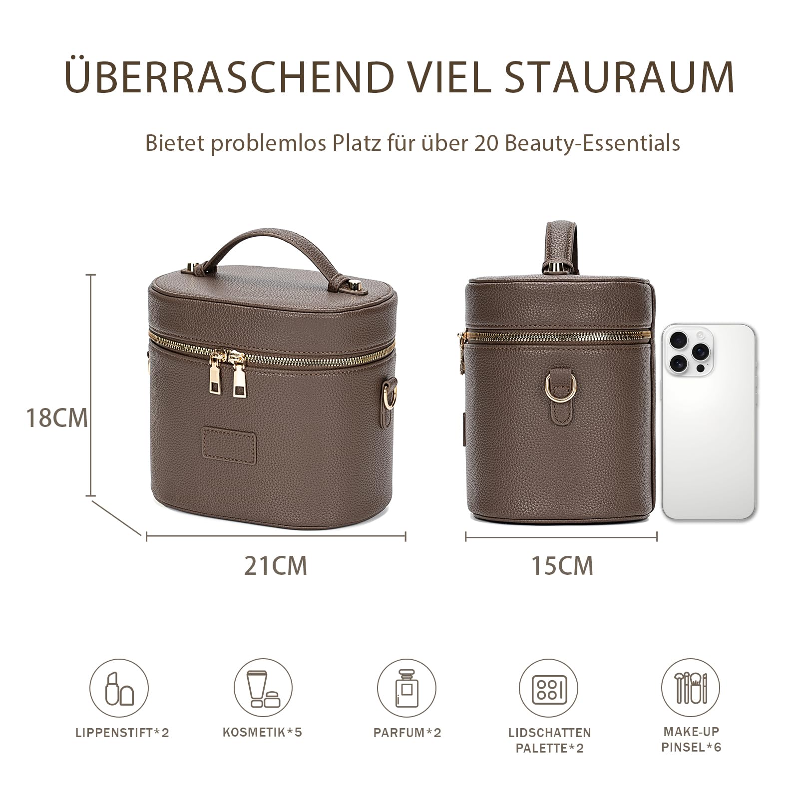 Kosmetiktasche Damen, Make Up Tasche für Frauen – Leder Vanity Case mit herausnehmbarer Trennwand, Waschbare Fächer