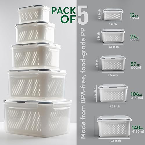 Miniatura 9 de Juego de 5 recipientes de almacenamiento de frutas para refrigerador con coladores, aptos para lavavajillas, a prueba de fugas, almacenamiento de