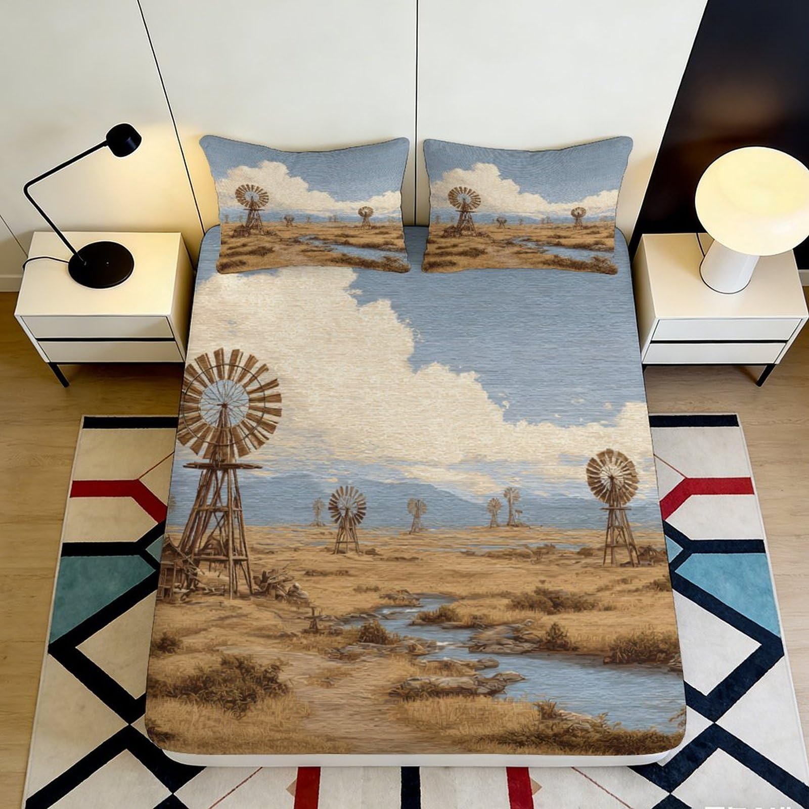 3D Printed Windmill Landscape Fitted Sheet Microfiber Soft Breathable Countryside Mattress Cover for Bedroom Dormitory Guest Room Protection Decor 90x200x25cm
