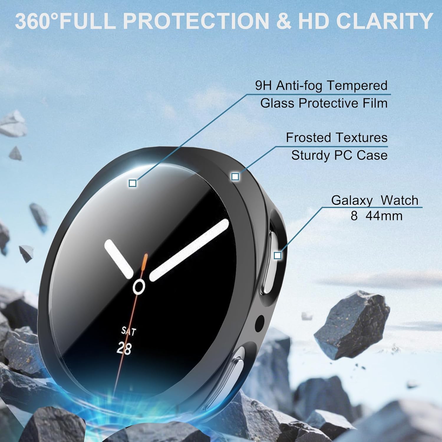 OpenTech® Hard Matte Silicone Protection Front Case Cover for Samsung Galaxy Watch Series 8 (44mm) with Attached Screen Protector Full Coverage (Black) — Amazon image 3