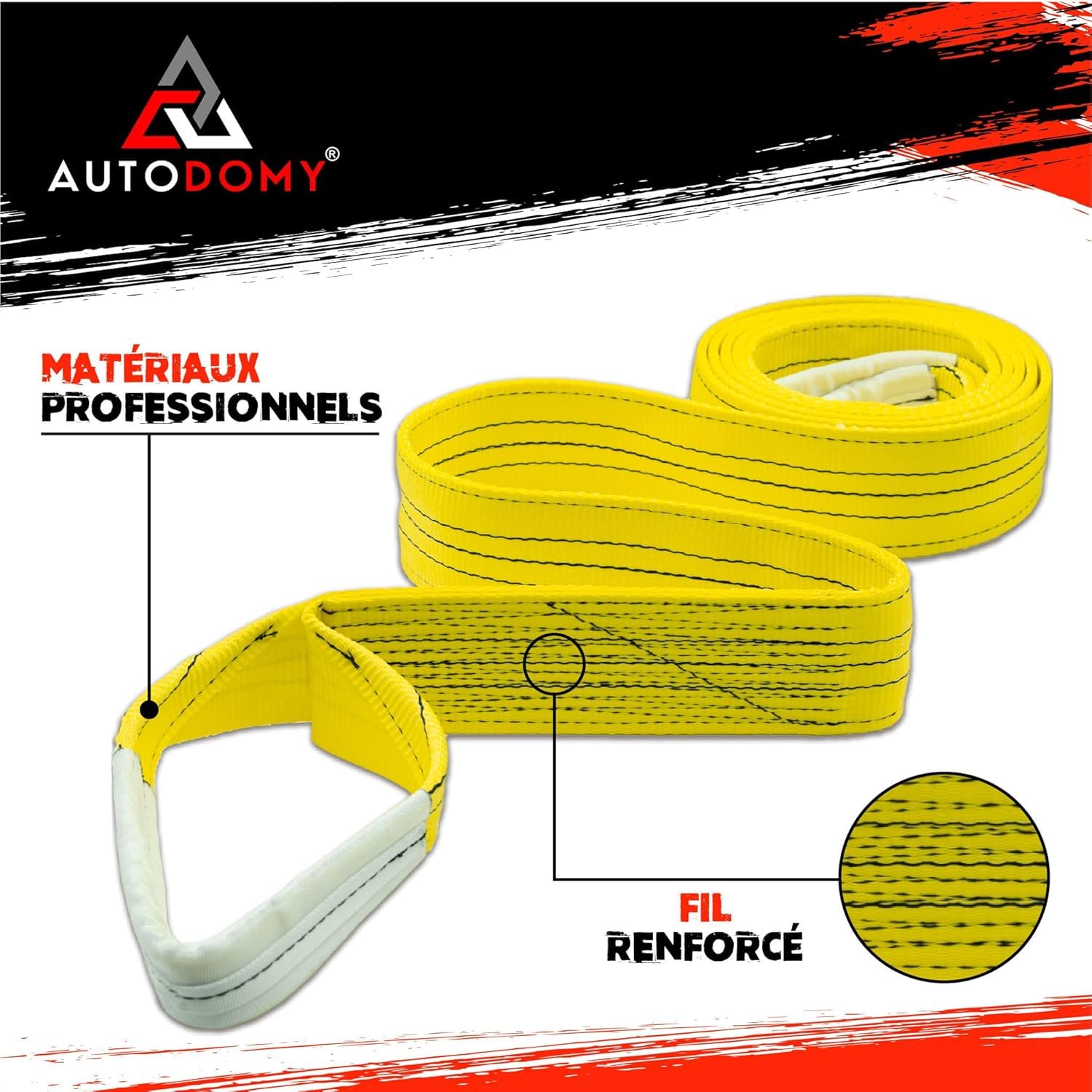 Autodomy Sangle de Remorquage 4x4 5 Mètres Résistance à la Rupture 21.000Kg | Elingue de Levage avec Couture Renforcée | Corde de Remorquage de Voiture | Câble de Remorquage Résistant à l'abrasion