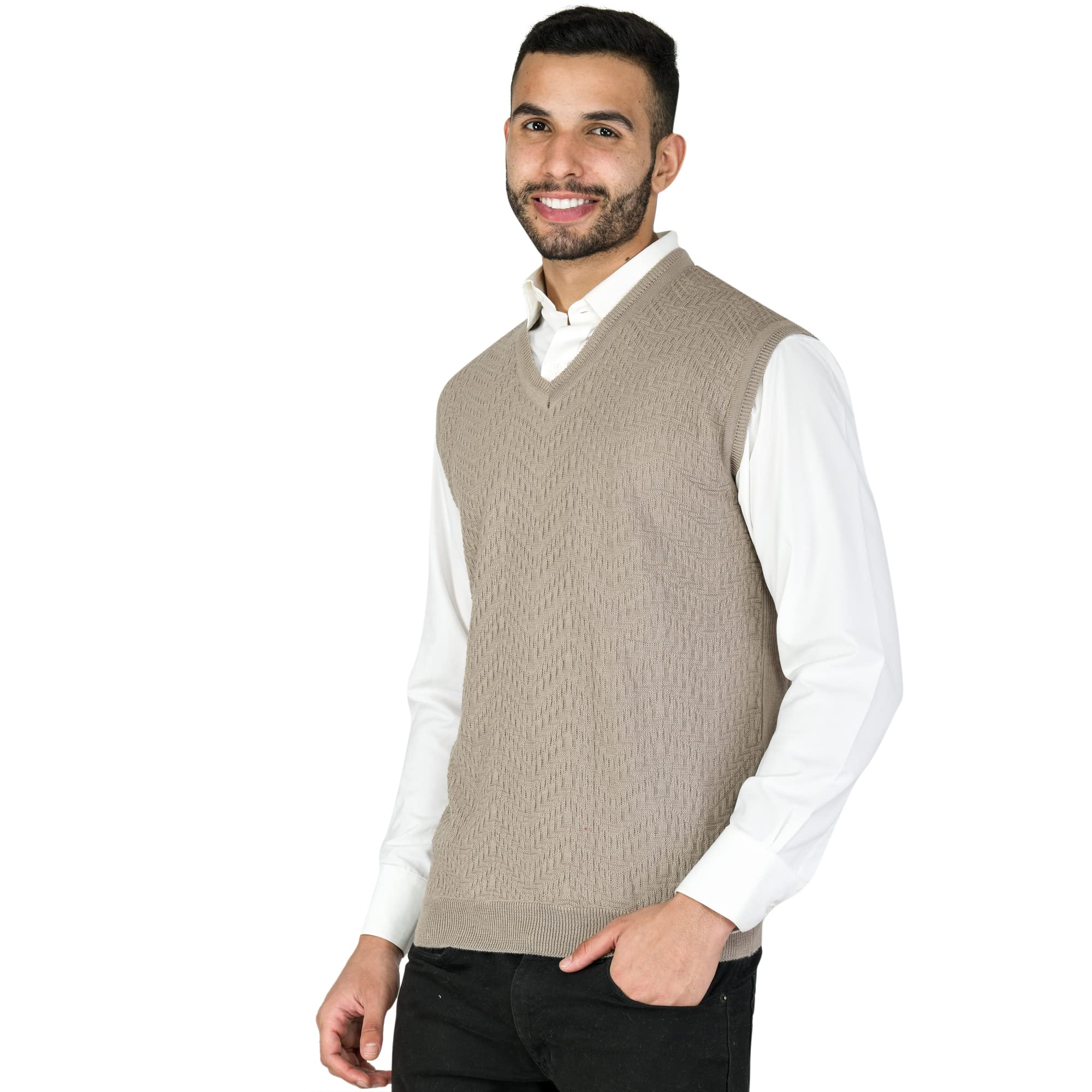 MONT CONNETTMen Woolen Solid V-Neck Self Design Sleeveless Pullover Heavy Rainbow Fabric Winter Wear Pure Wool Cardigan Regular Cotty Full Warm Heavy Pullover Cardigans Free Sizes