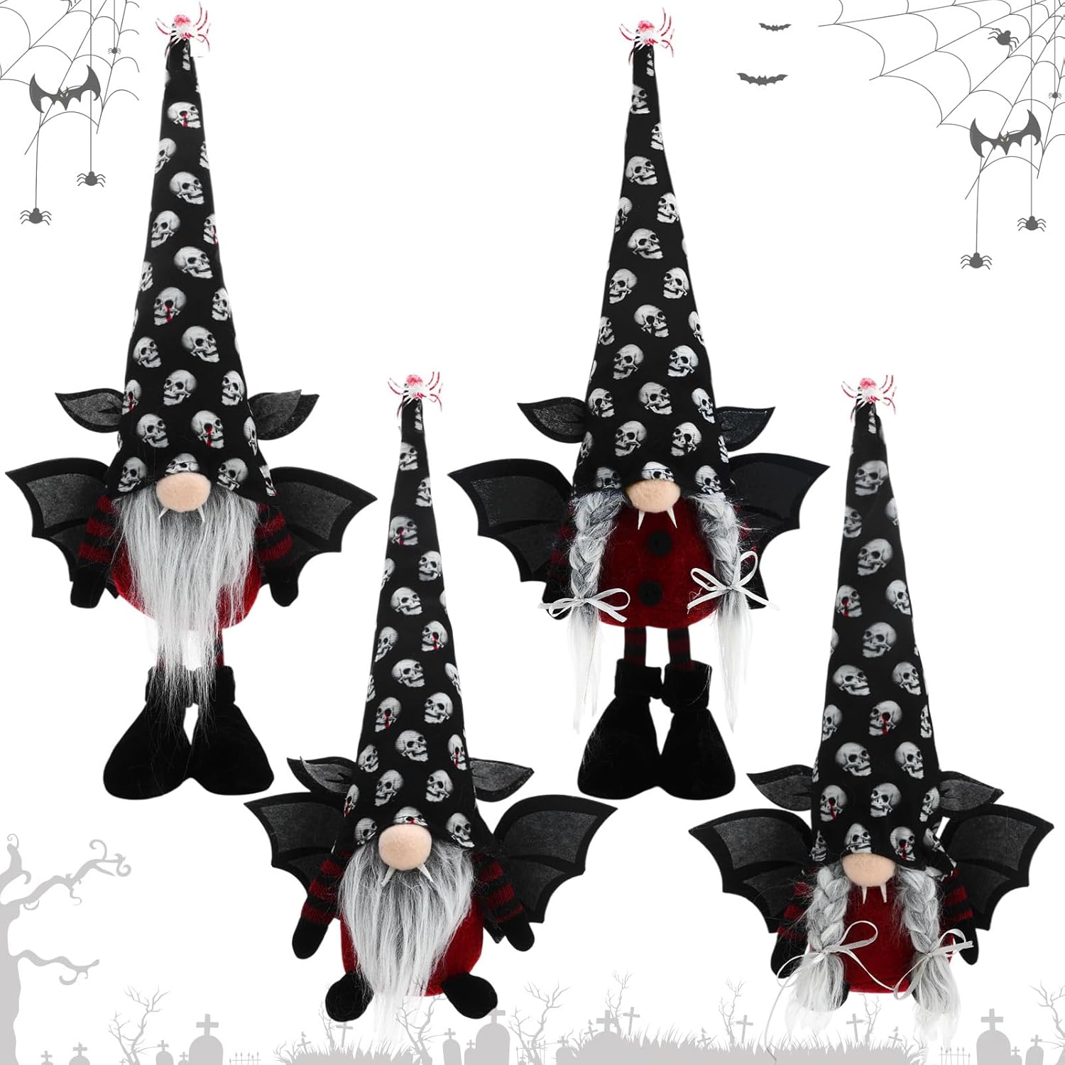 4 Pcs Halloween Plush Gnome Standing Decor Halloween Gnomes Doll with Wooden Leg Handmade Black Skull Hat Bat Wings Dwarf for Home Decor Tables Centerpieces Gifts Ornaments