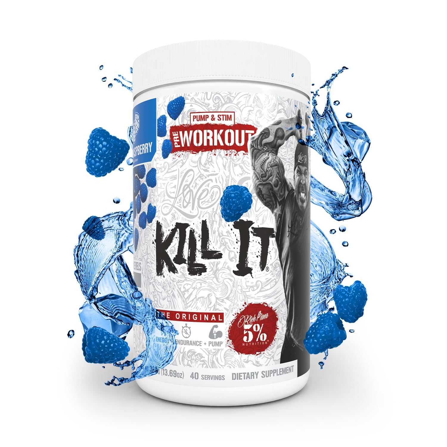 5% Nutrition Rich Piana Kill It Pre Workout Powder w/Creatine, Caffeine, Beta Alanine, Hydroprime Glycerol for Pump, Strength, Endurance | 20/40 Srvgs (40 Servings, Blue Raspberry)
