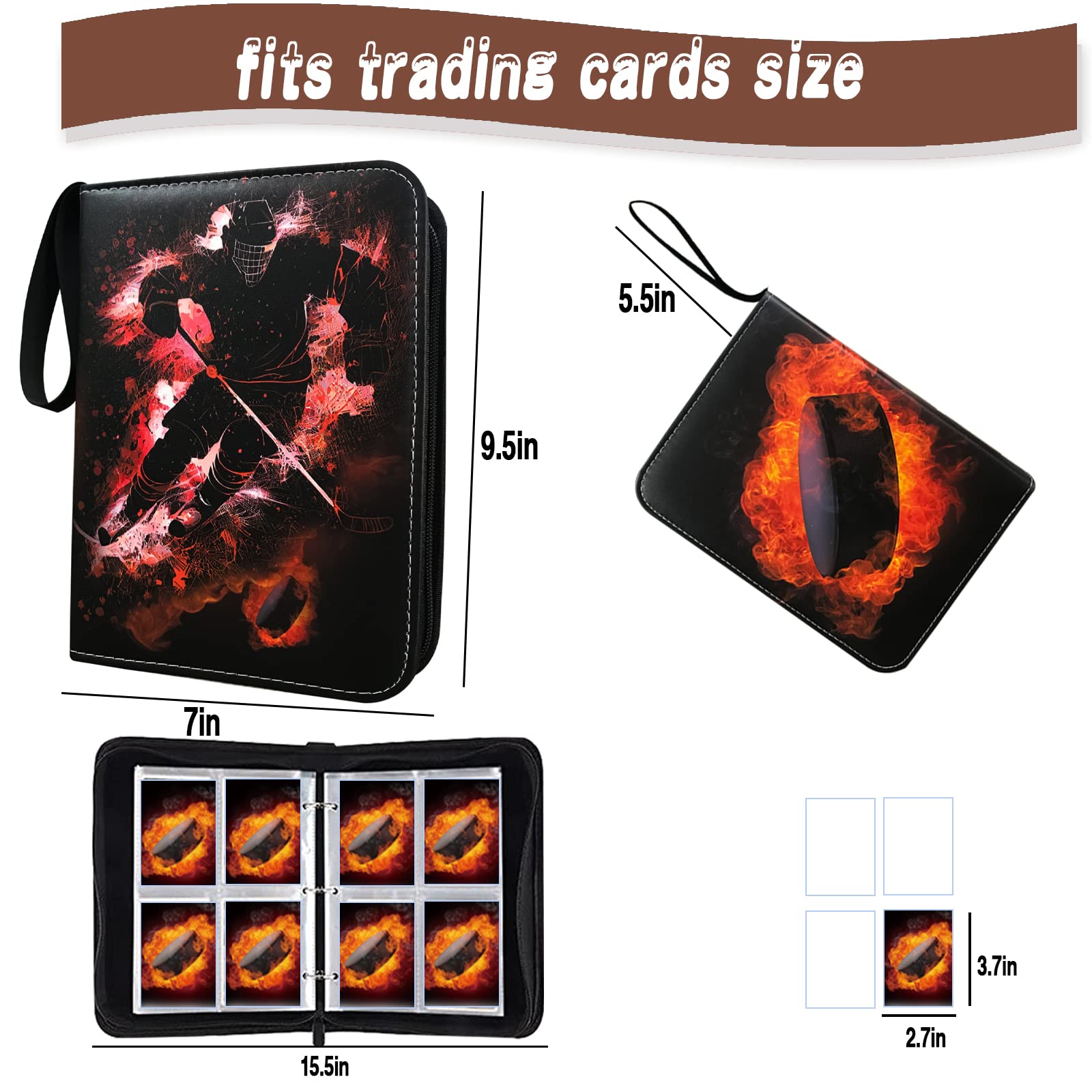 Carpeta de tarjetas de hockey, carpeta de tarjetas de intercambio de 4 bolsillos con 50 fundas extraíbles para 400 tarjetas deportivas, carpeta de 3 anillos con cremallera, álbum de almacenamiento de