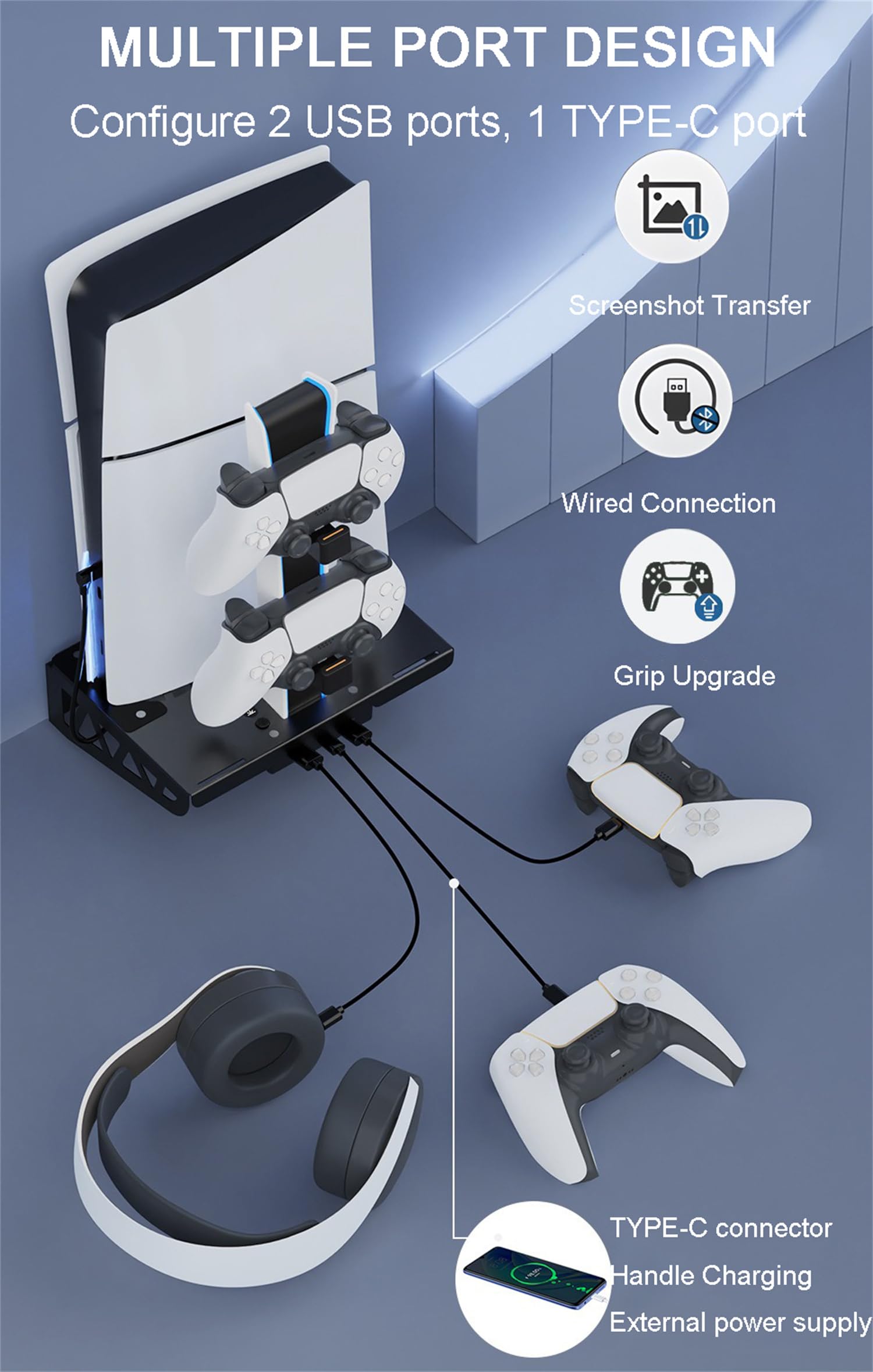 Kit di montaggio a parete per PS5/PS5 Slim con stazione di ricarica e ventole di raffreddamento, accessori per montaggio a mensola PS5/PS5 SL (disco e digitale), supporto da parete in acciaio con