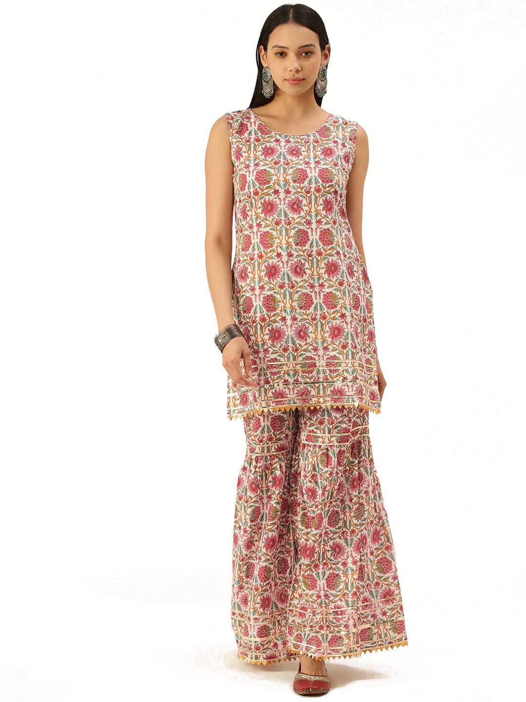 Anyra White Cotton Floral Print with Gota Work Kurta with Bottom_(Shy_2064KS)