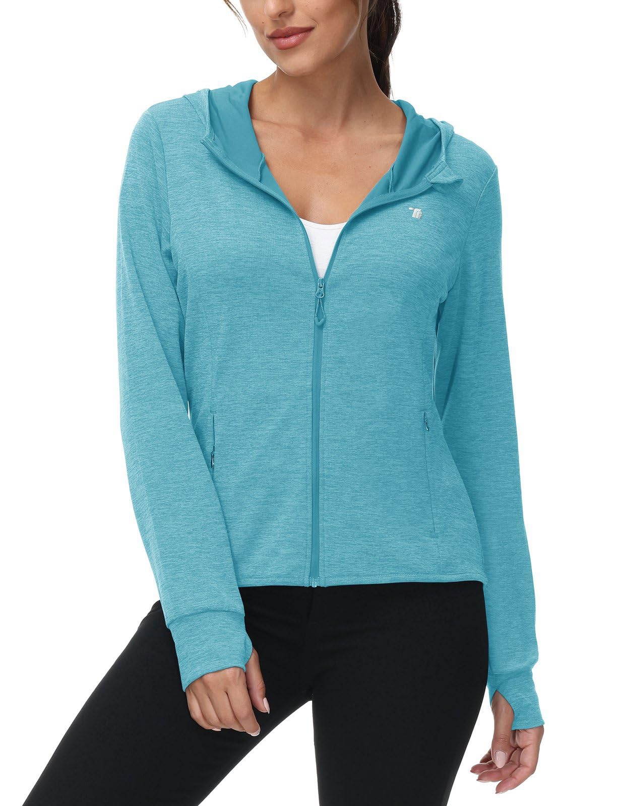 Rdruko Chaqueta de running para mujer con capucha UPF 50+ protección solar UV, con capucha y cremallera completa, chaqueta deportiva ligera, chaqueta de ciclismo de manga larga para correr, yoga
