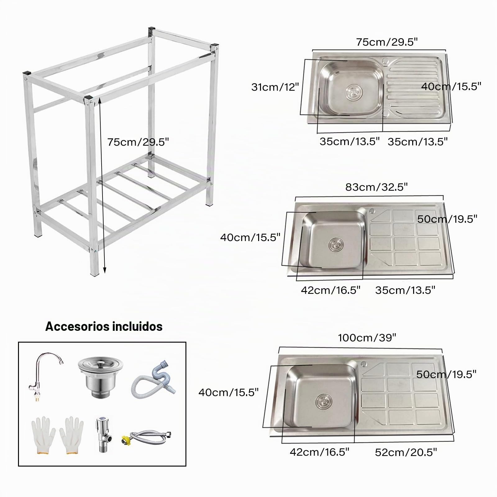 Lavabo de acero inoxidable independiente con grifo, para lavadero, jardín, garaje, fregadero de cocina, fregadero de cocina al aire libre con banco de trabajo y estantes de almacenamiento, fácil de