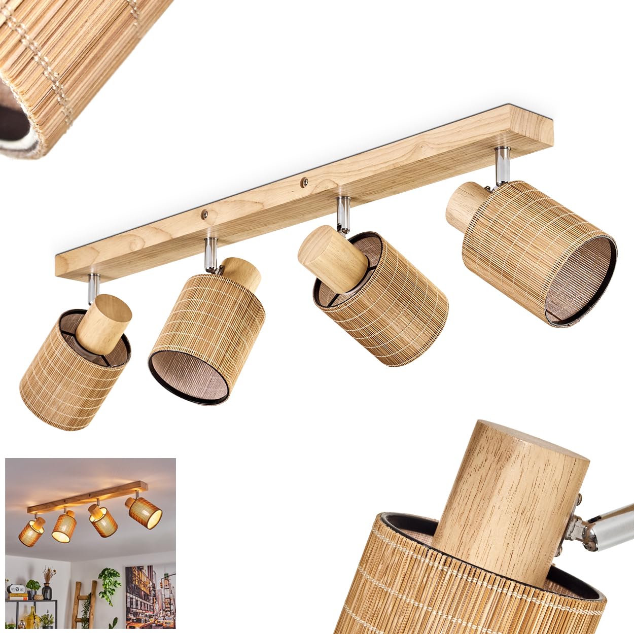 Plafoniera Kinnared, lampada da soffitto moderna in legno/metallo/bambù nei colori naturali/cromati/marrone, lampada a 4 luci dal design scandinavo con faretti regolabili, 4 x E14, senza lampadine