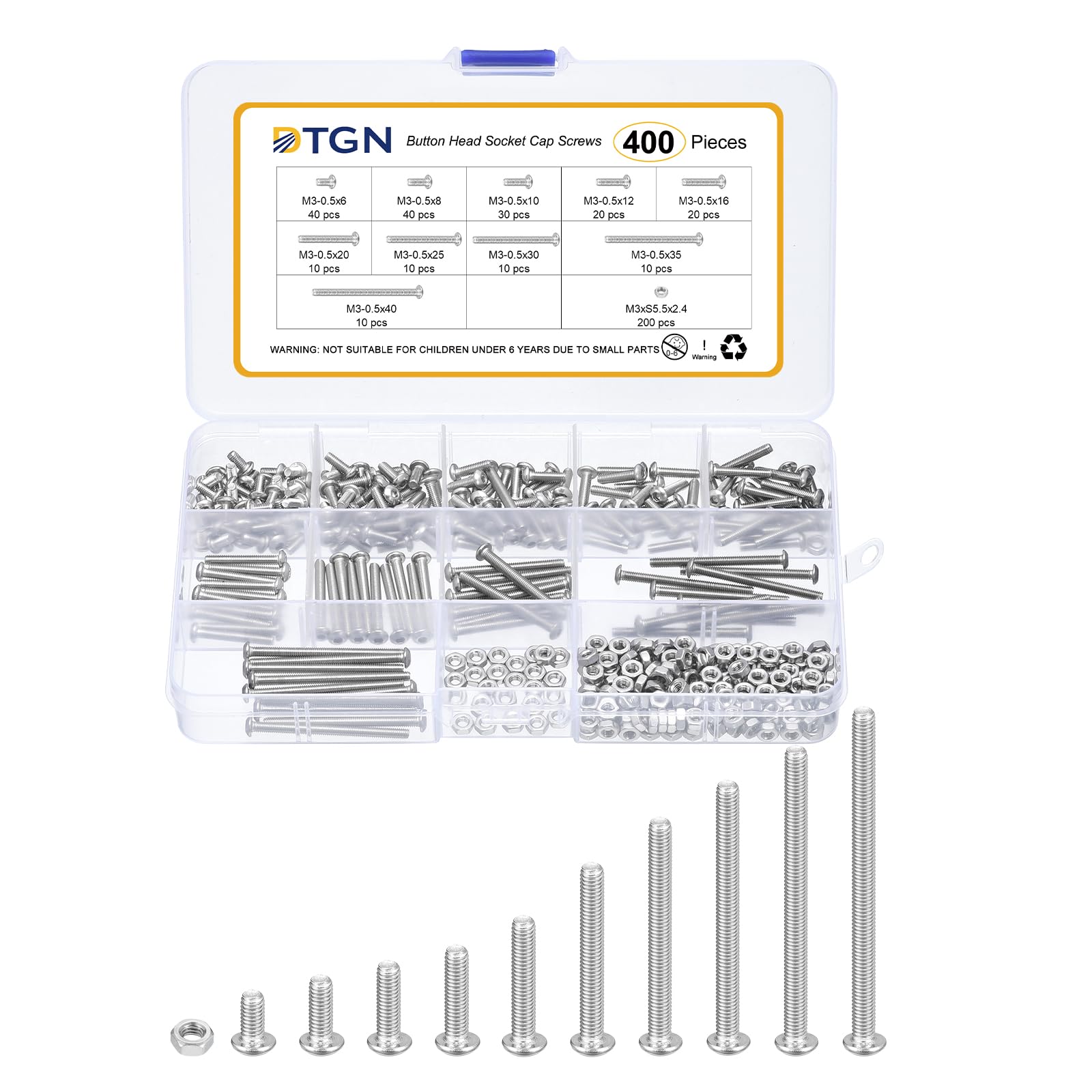 DTGN 400Pcs M3-0.5x6/8/10/12/16/20/25/30/35/40mm Button Head Socket Cap Screws - 304 Stainless Steel Bolt Nut Set Washer Assortment Kit - Good for Road Bicycle, Mountain Bike, Auto โ image 1