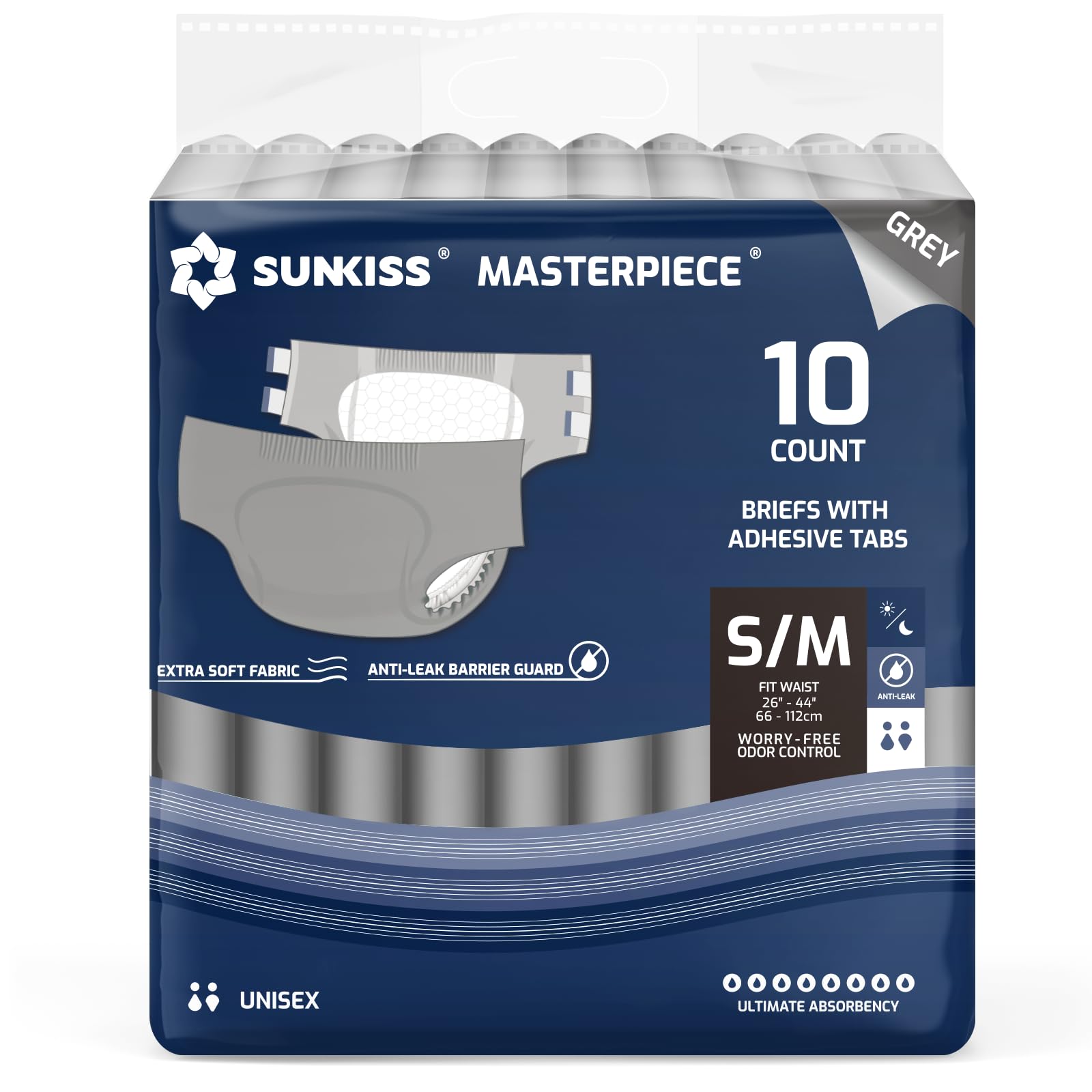 SUNKISS Masterpiece Adult Diapers with Tabs, Unisex Disposable Incontinence Briefs for Women and Men, Odor Control, Grey, S/M, 10 Count
