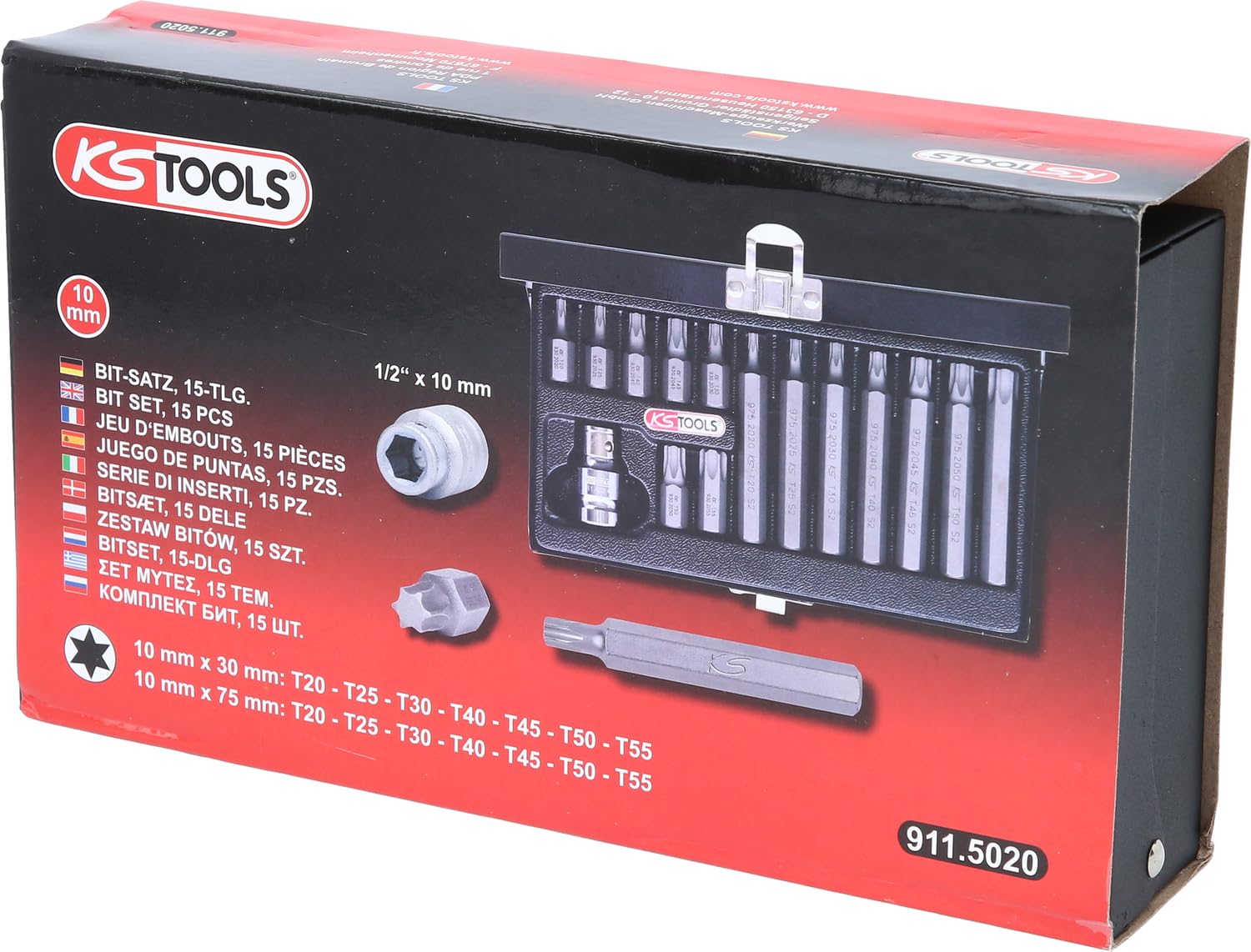 KS Tools 911.5020 Coffret de 15 Embout de vissages TORX 1/2'', T20 à T55 | Coffret de 15 embouts de vissage TORX® 1/2'', T20 à T55, outillage professionnel, chrome vanadium