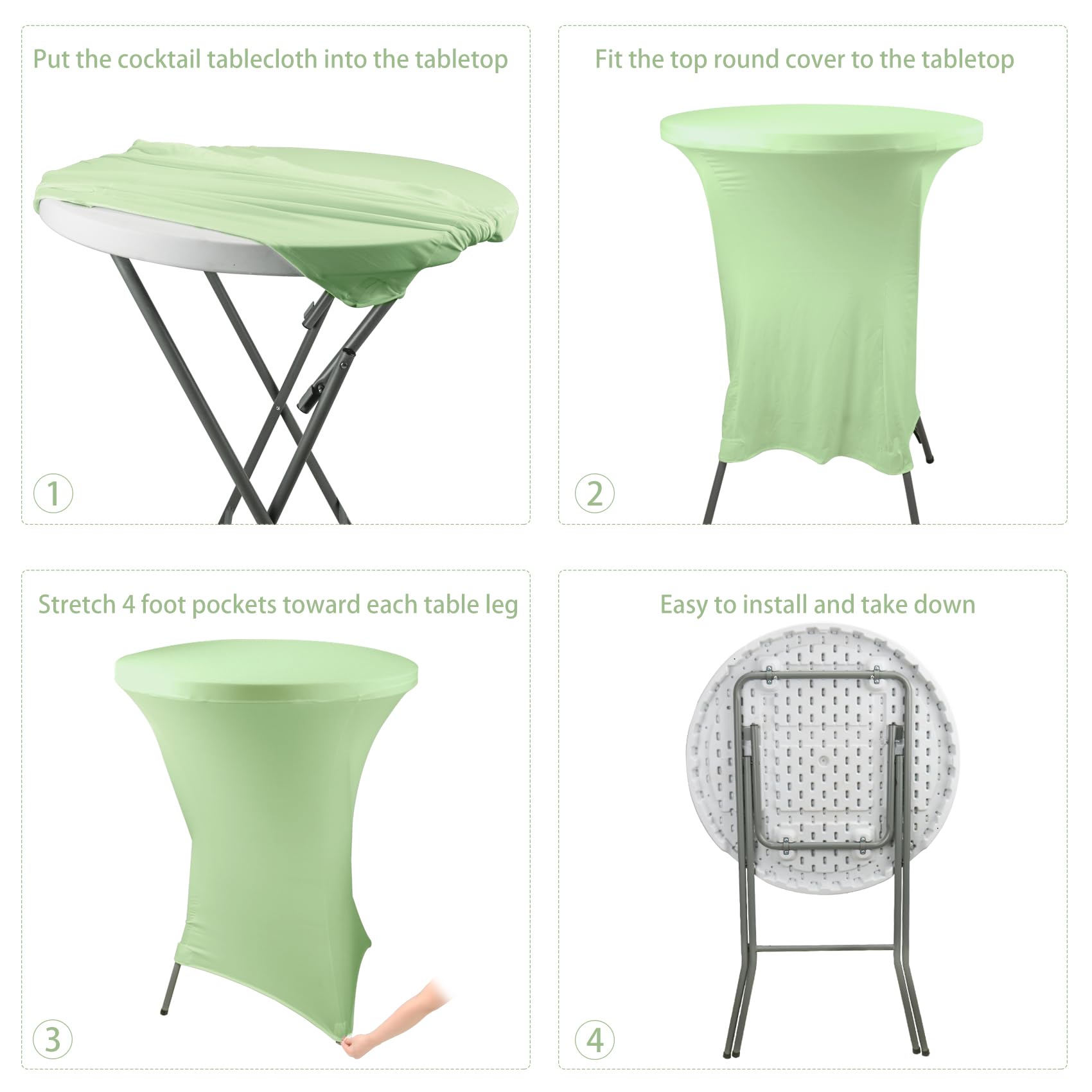 Paquete de 6 manteles de cóctel de elastano de 32 x 43 pulgadas, color verde salvia, esquinas cuadradas, mantel de cóctel, mesa redonda ajustable de parte superior alta para bar, boda, fiesta de