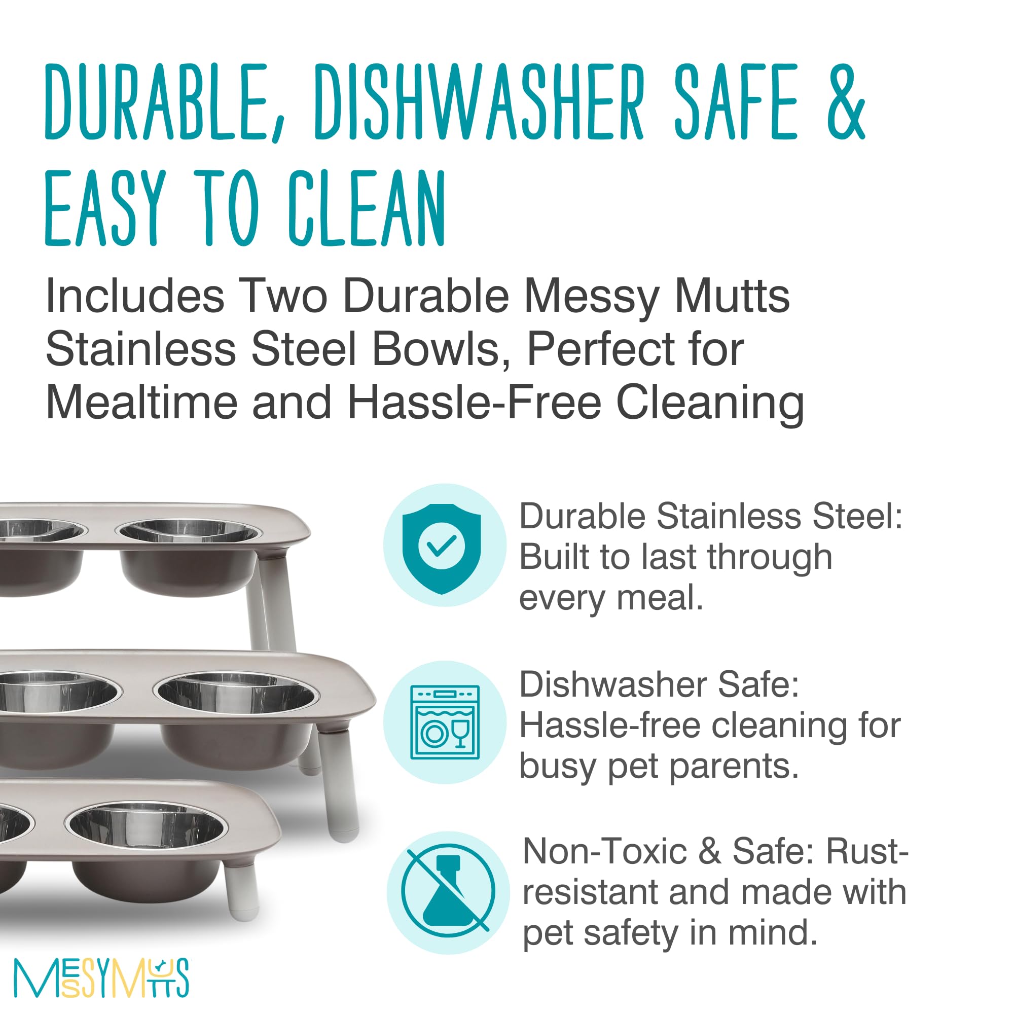 Messy Mutts Comedero doble elevado con cuencos de acero inoxidable, altura ajustable de 3, 5 o 10 pulgadas, comedero de pie ajustable para perros, 5 tazas por cuenco, gris oscuro