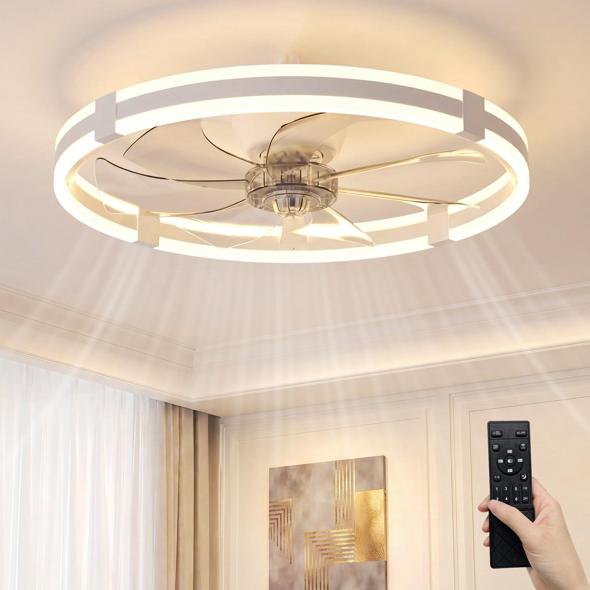 SUNKENET Ceiling Fans with Lights and Remote, 60cm LED Ceiling Fan Light, 3000K-6500K Dimmable Smart Fan Ceiling Light, 6 Wind Speeds & Reversible, White Queit Fan Light Ceiling for Bedroom