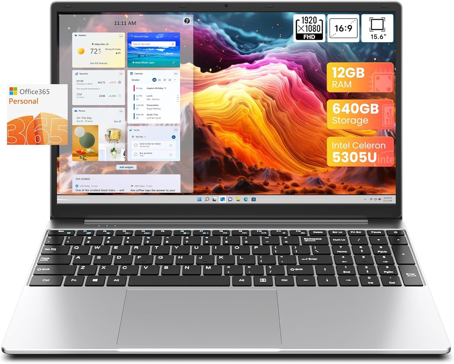 jumper Computer portatile 15.6 Pollici Display FHD 12GB RAM 640GB ROM, Processore 5305U Notebook, Batteria 38Wh, Due Altoparlanti Stereo Tipo-C, USB 3.0, Tastiera Digitale 2024