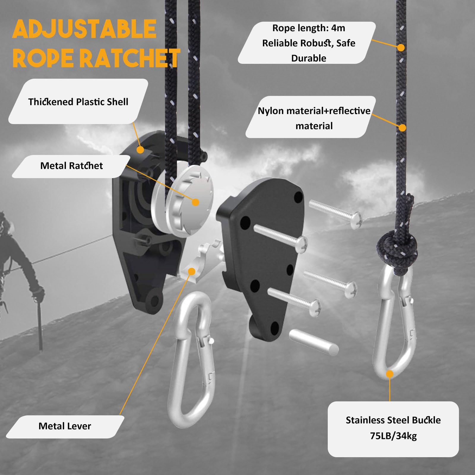 Lot De 4 Cordes à Cliquet Réglables De 4 M Avec Tendeur De