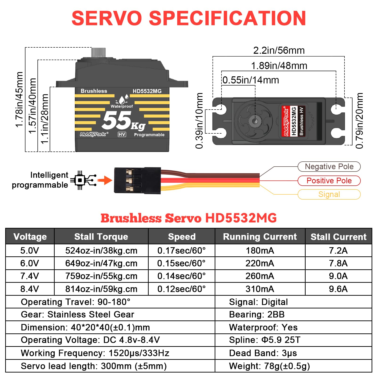 HobbyPark Servos étanches 55 kg Moteur sans balais à couple élevé Servo de direction RC Vitesse rapide Taille standard HV Engrenages métalliques en acier inoxydable pour 1/8 1/10 RC Crawler Voiture