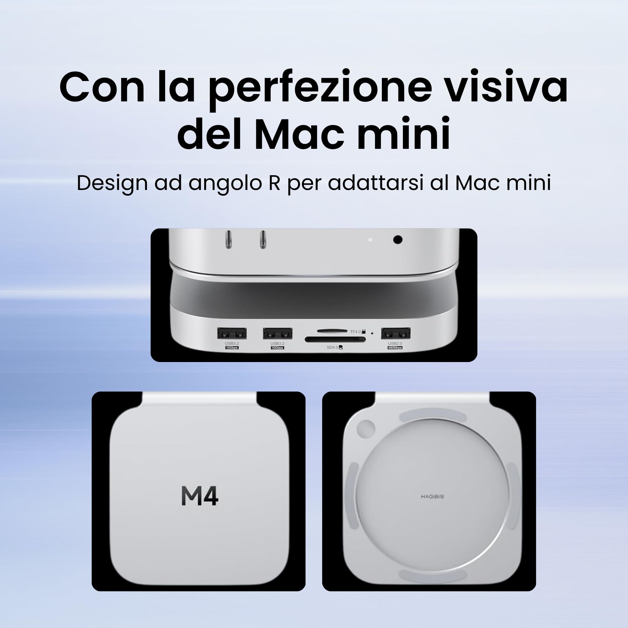 Hagibis Hub e Supporto per Mac mini M4 con alloggiamento SSD, docking station USB-C 3 in 1 con case SSD M.2 NVMe, USB 3.2 Gen2 10 Gbps, SD 4.0, TF 4.0, alimentazione 5V/2A per M4 Pro (MC60)