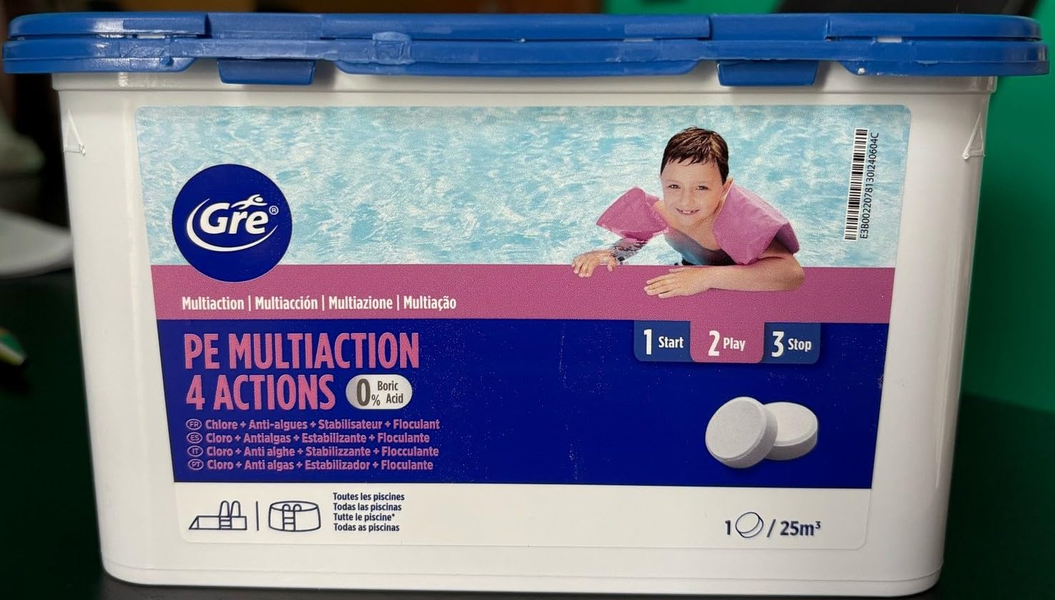 GRE 76007NB -Tabletas de Cloro Multifunción 4 Acciones: Desinfección, Antialgas, Floculante y Estabilizador. Tratamiento y Limpieza Integral de Piscinas. Tabletas 250 gr, 1 kg