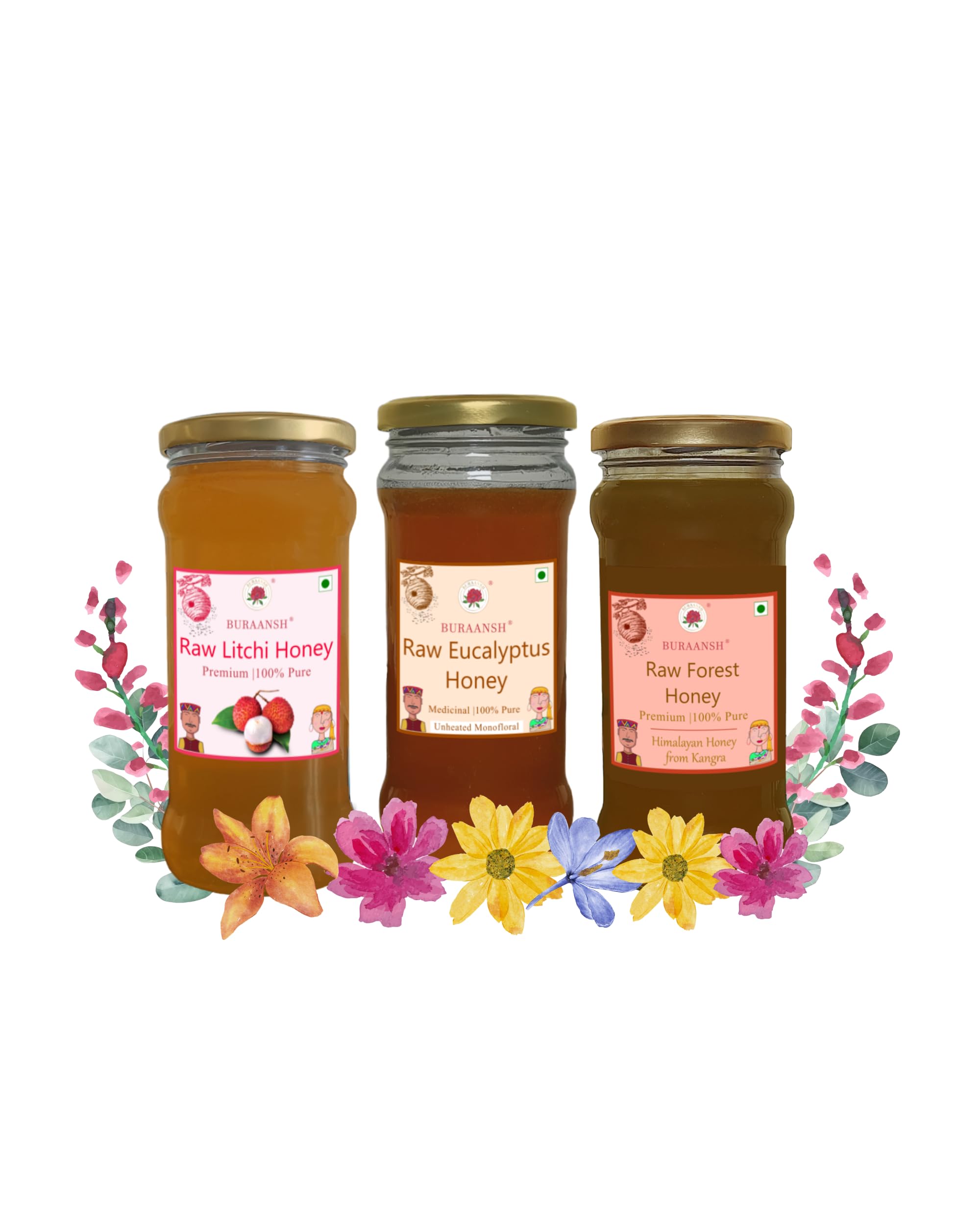BURAANSH Eucalyptus Honey, Wild Forest Honey & Litchi Honey (3 Pack - 270gm Each) -Unprocessed, Unheated 100% Pure Natural Raw | No Sugar | Quick Energy Boost, Relieves Cough, Soothes Sore Throat (B0CXPK7668) Amazon Price History, Amazon Price Tracker