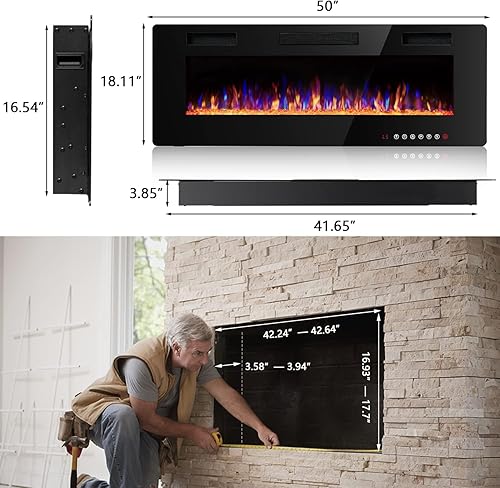 Vista 8 de Vitesse 50 Inch Ultra Thin Electric Fireplace-Narrow Bezel Linear Fireplace Heater Recessed Wall Mounted, Remote and Screen Control, 8H Sleep Timer