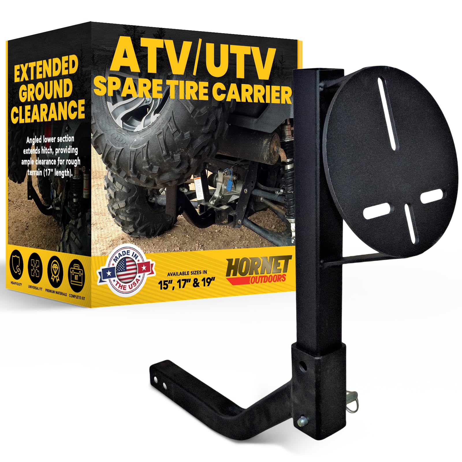 ATV UTV Spare Tire Mount 19” Fits Standard 2” Hitch U-4047 High-Clearance Hitch Spare Tire Carrier for UTVs, ATVs, Trucks & SUVs | Made in USA Quick