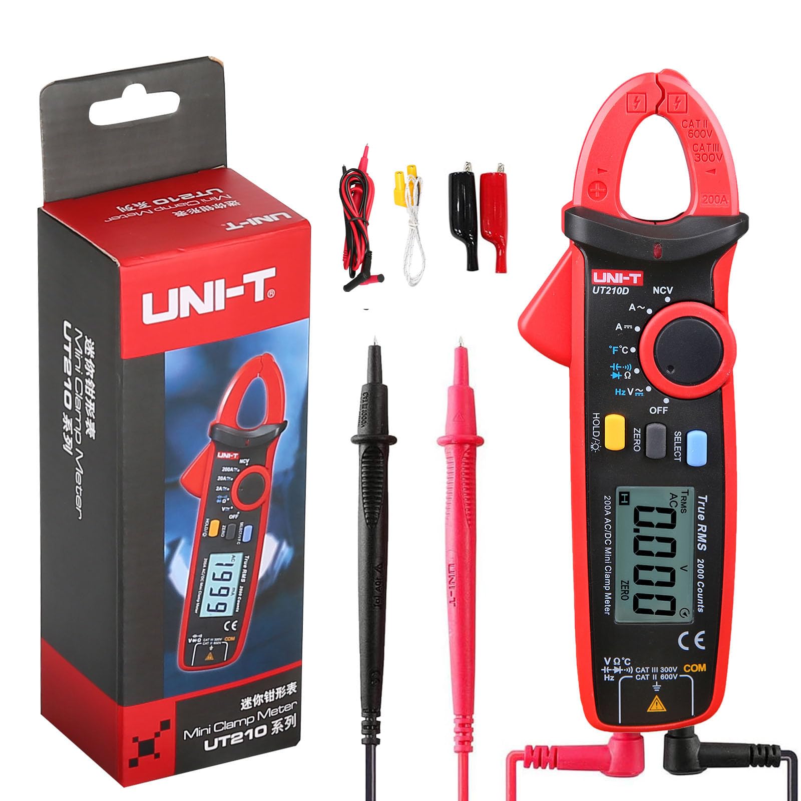 UNI-T UT210D - Medidor digital de alicates (200 A, CA CC, corriente verdadera, RMS, frecuencia de tensión, medidor de temperatura, multímetro con clip de cocodrilo, para uso doméstico)